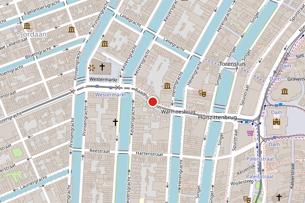 Brandweer-melding op Raadhuisstraat, Amsterdam op 29 juni, kaart-overzicht