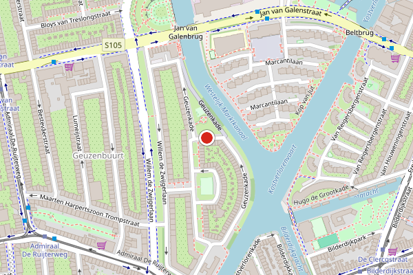 Brandweer-melding op Geuzenkade, Amsterdam op 4 juli, kaart-overzicht