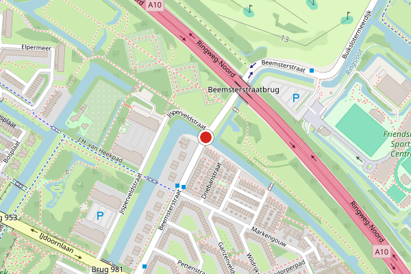 Brandweer-melding op Beemsterstraat, Amsterdam op 10 juli, kaart-overzicht