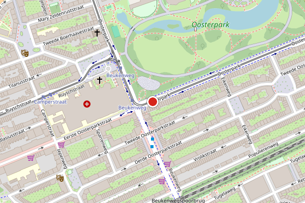 Brandweer-melding op Oosterpark, Amsterdam op 9 mei, kaart-overzicht