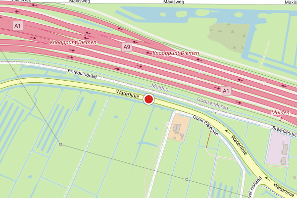Brandweer-melding op Waterlinie, Weesp op 21 juli, kaart-overzicht