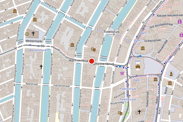 Brandweer-melding op Raadhuisstraat, Amsterdam op 25 juli, kaart-overzicht