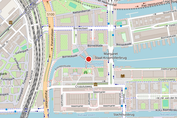 Brandweer-melding op Entrepotbrug, Amsterdam op 28 juli, kaart-overzicht
