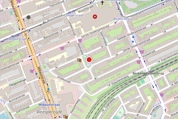 Brandweer-melding op Iepenplein, Amsterdam op 1 augustus, kaart-overzicht