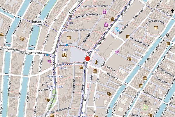 Brandweer-melding op Dam, Amsterdam op 6 augustus, kaart-overzicht