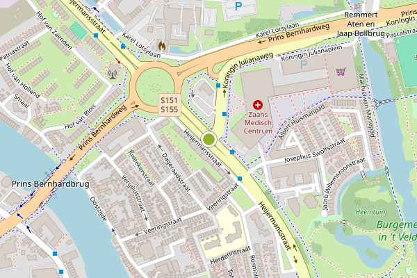 Ambulance-melding op Koningin, Zaandam op 25 mei, kaart-overzicht