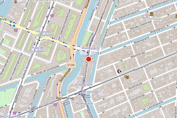 Brandweer-melding op Marnixstraat, Amsterdam op 28 mei, kaart-overzicht