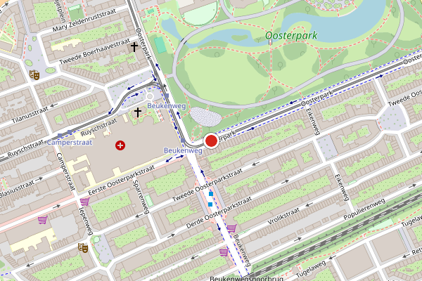 Brandweer-melding op Oosterpark, Amsterdam op 28 mei, kaart-overzicht