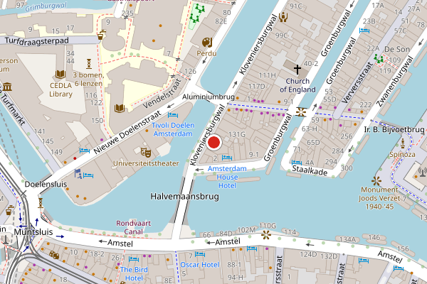 Brandweer-melding op Kloveniersburgwal, Amsterdam op 29 mei, kaart-overzicht