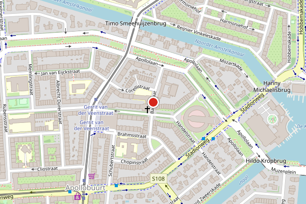Brandweer-melding op Bachstraat, Amsterdam op 6 juni, kaart-overzicht